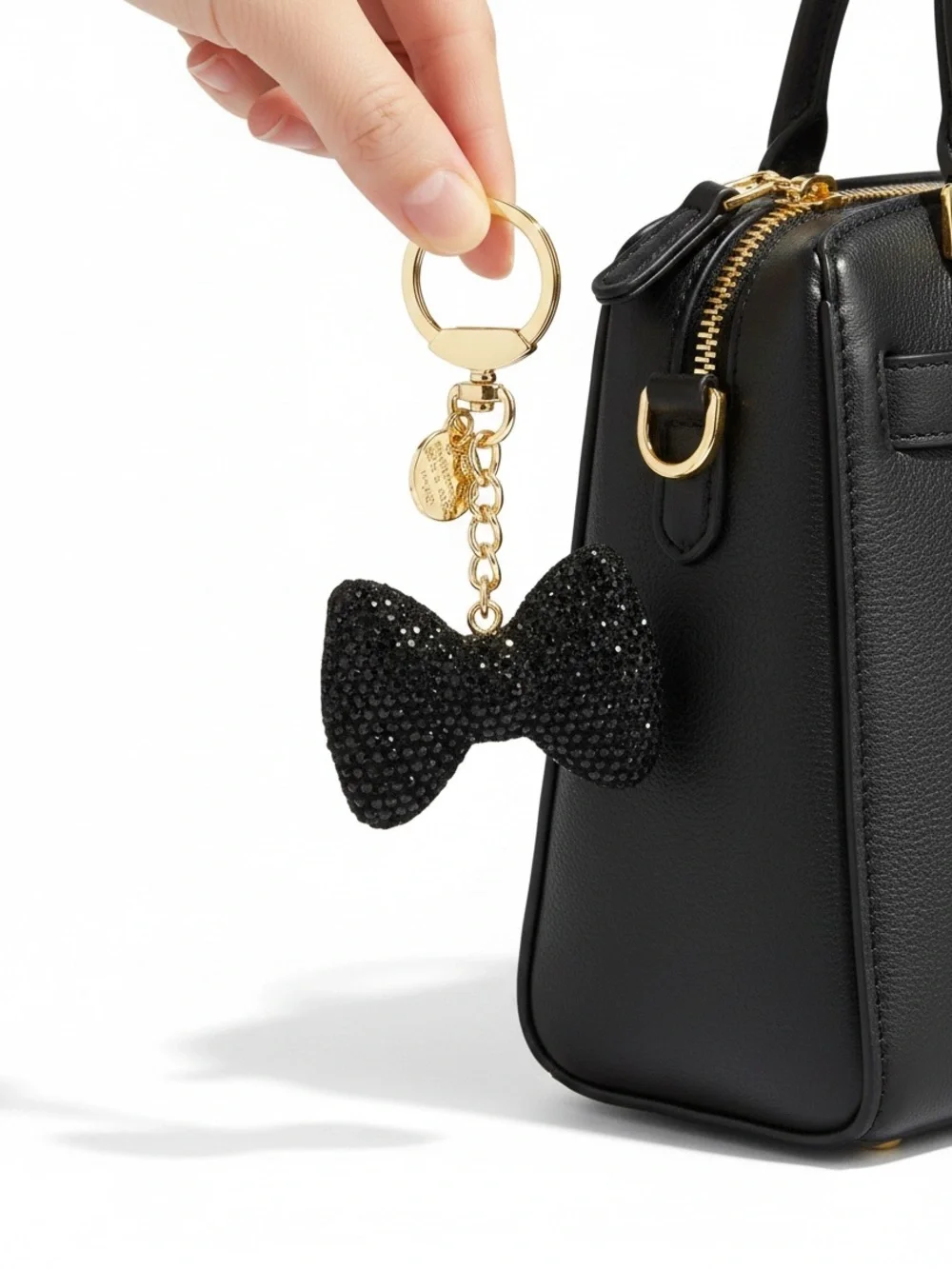 Black Crystal Bow Keyring with Gold Hardware